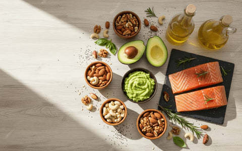 varietate de alimente bogate in grasimi sanatoase aranjate estetic pe o masa