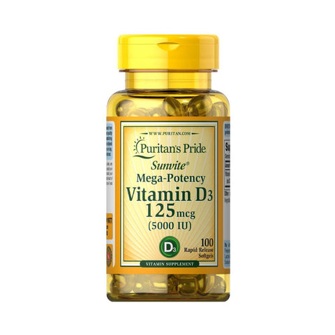 Suplimente pentru oase si articulatii | Vitamina D3 5000UI (125mg) 100 capsule moi, Puritan's Pride, Supliment alimentar pentru imunitate si sanatate 0