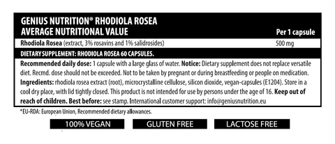 Suplimente sanatate Rhodiola Rosea, 60 capsule, Genius Nutrition, Supliment alimentar pentru concetrare 2