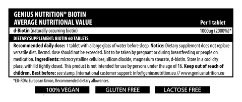 Vitamine si minerale Biotina 1000mcg, 60 tablete, Genius Nutrition, Supliment pentru piele, par si unghii 2
